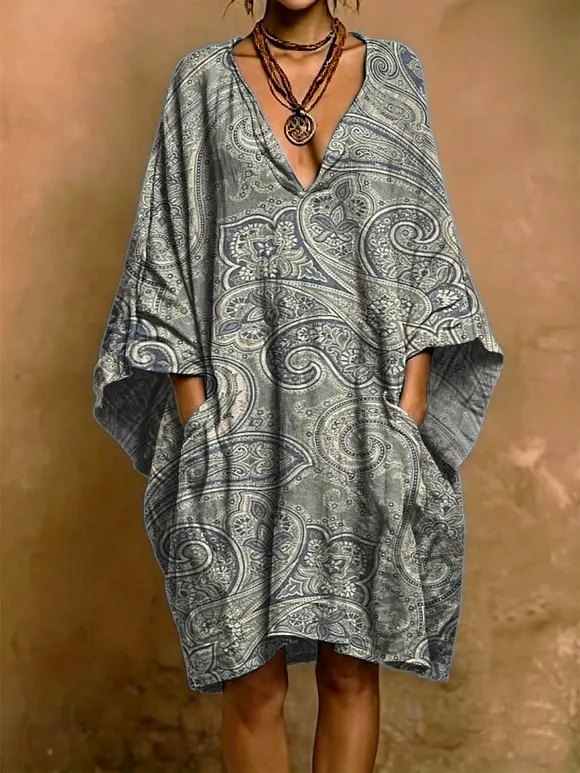 Vintage Floral Paisley Decorative Pattern Woman‘s Short Sleeve Cotton Linen Dress