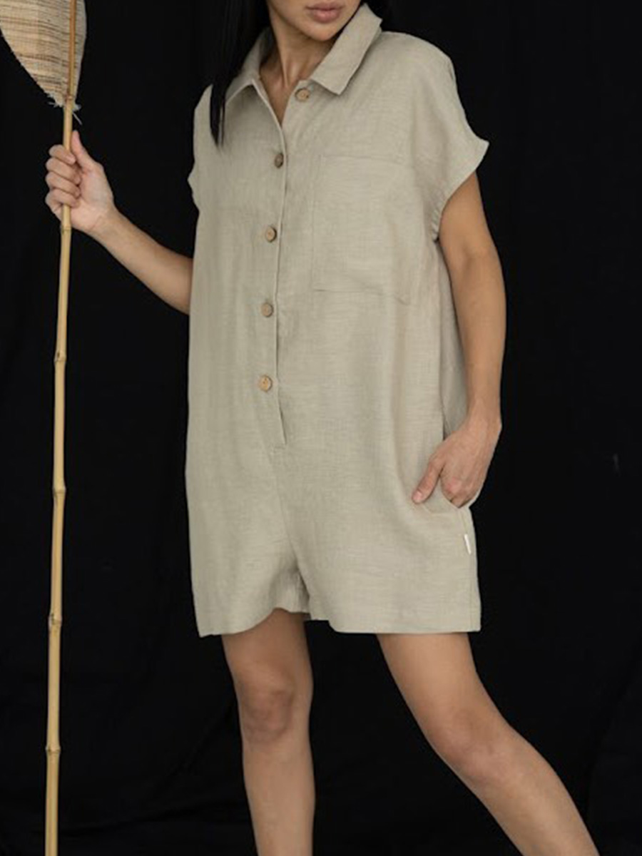 Women's Solid Color Shirt Collar Short Sleeves Casual Cotton and Linen Jumpsuit Shorts