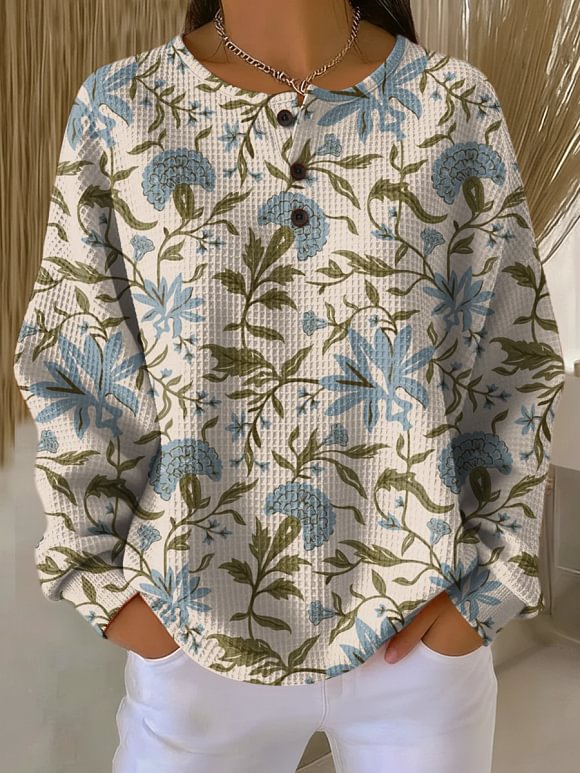 Women's Simple Retro Flowers Floral Pattern Art Print Casual Cotton Shirt