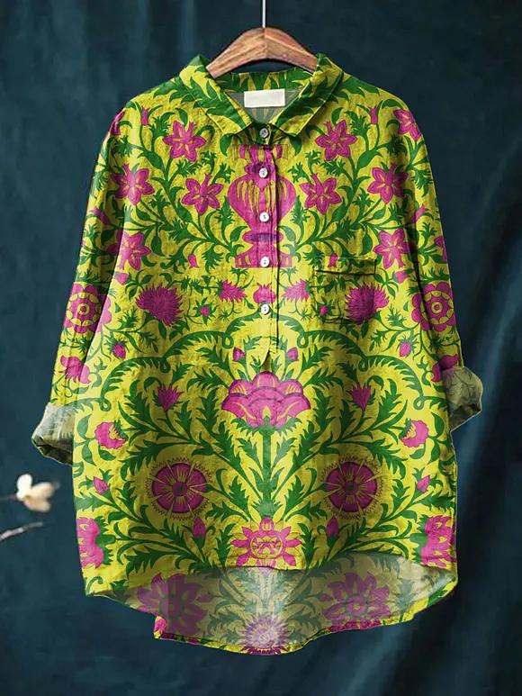 Women's Vintage Flower Art Print Casual Cotton And Linen Shirt