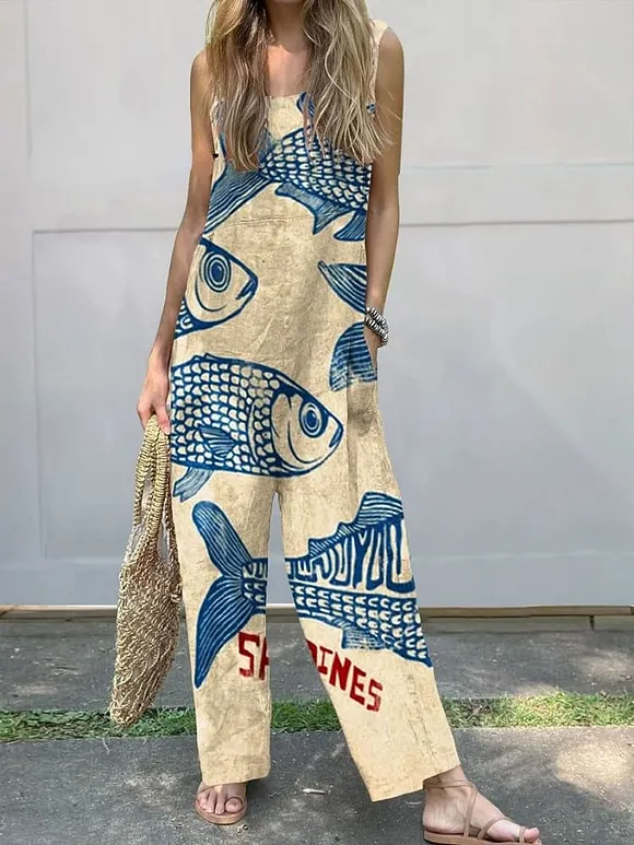 Women's Vintage Fish Sardines Art Print Casual 100% Cotton Wide Leg Jumpsuit