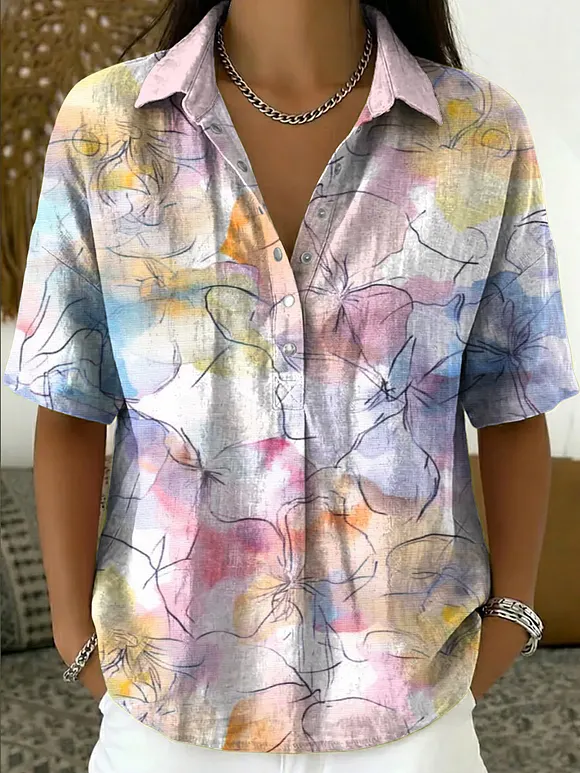 Women's Vintage Floral Art Print Cotton-linen Short-sleeve Shirt