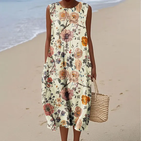 Women's Vintage Flower Art Print Sleeveless Cotton Pocket Wrap Dress