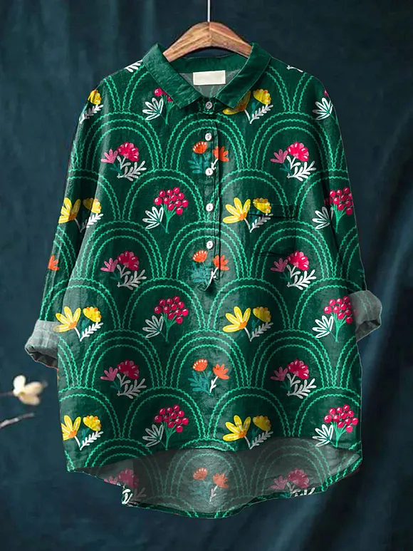 Women's Vintage Lovely Floral Art Print Casual Cotton And Linen Shirt