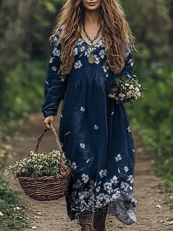 Vintage Meadow Floral Pattern Printed Women's Cotton Pocket Dress