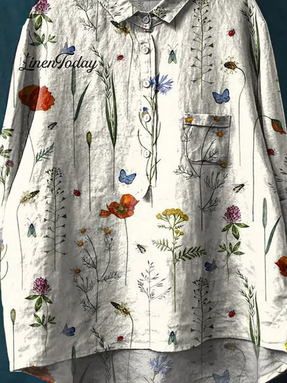 Women's Vintage Lovely Floral Art Print Casual Cotton And Linen Shirt