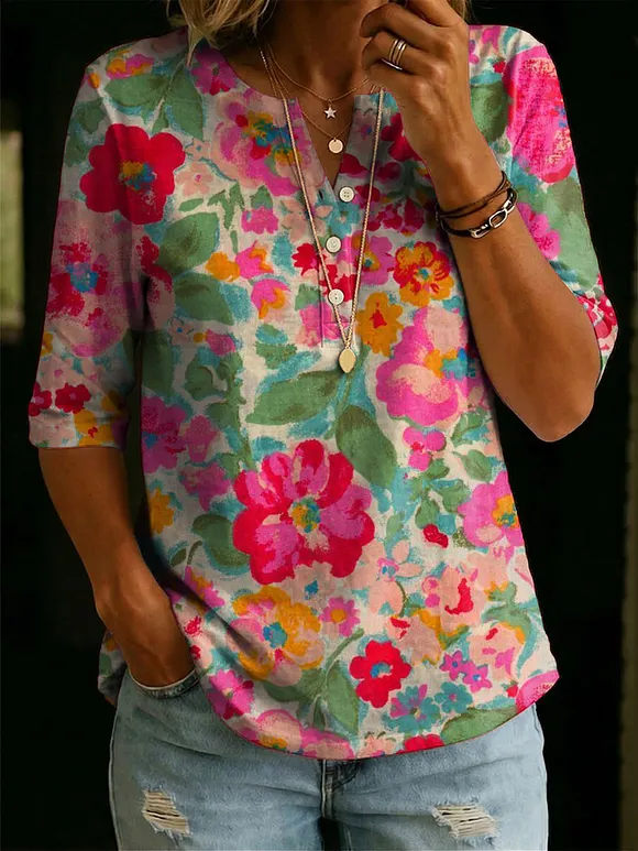 Women’s Floral Pattern Art Casual Classic Henley Collar 100% Cotton T-shirt