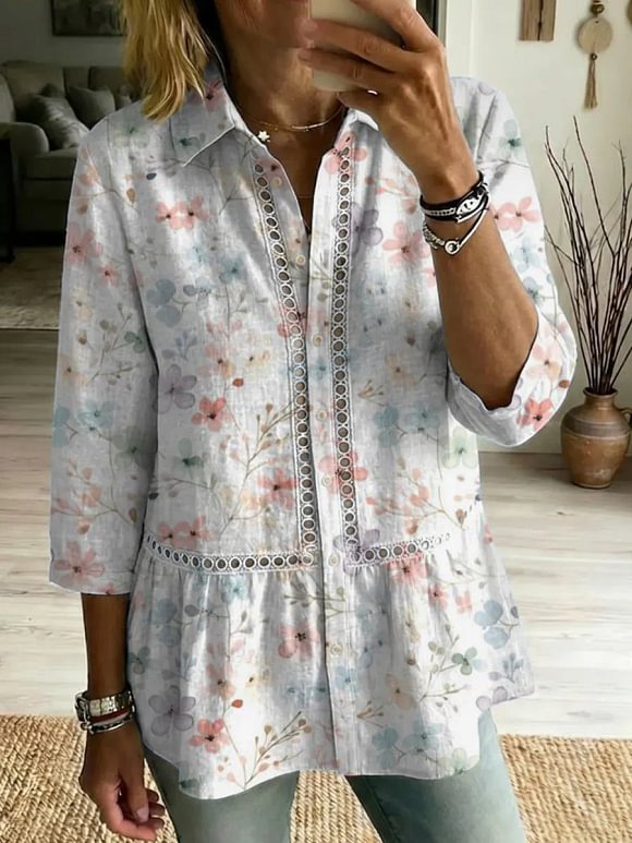 Women's Floral Art Print Casual Lapel Cotton Shirt