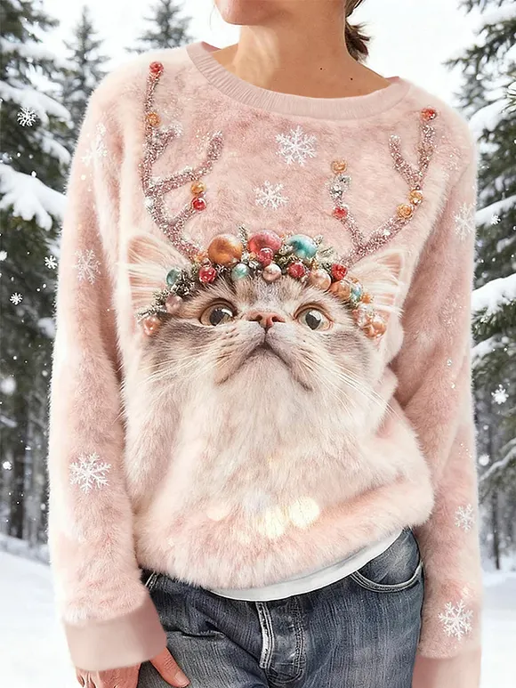 Women's Cute Christmas Cat Art Print Casual Flannel Sweater