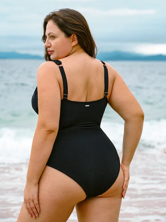 Black V Neck Ruched Plus Size One-Piece Swimsuit