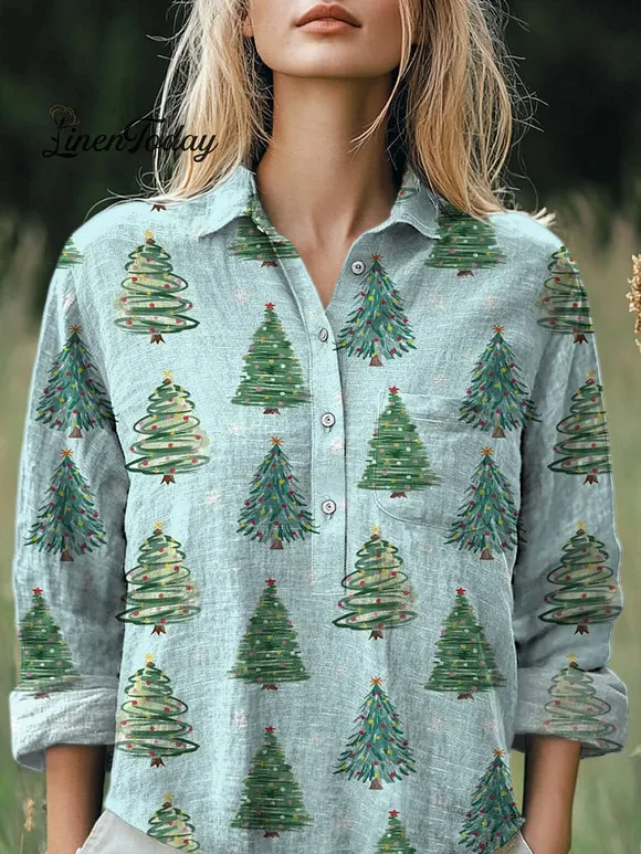 Hand Drawing Style Christmas Tree Pattern Printed Women's Casual Cotton And Linen Shirt