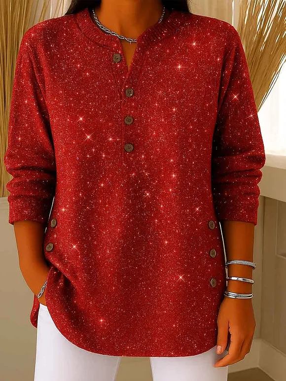 Women's V-neck Long Sleeve Sequined Casual Loose Knit Top