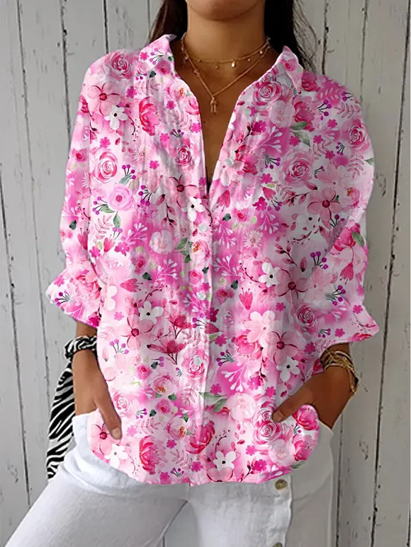Women's Vintage Floral Art Print Casual Linen V-neck Shirt