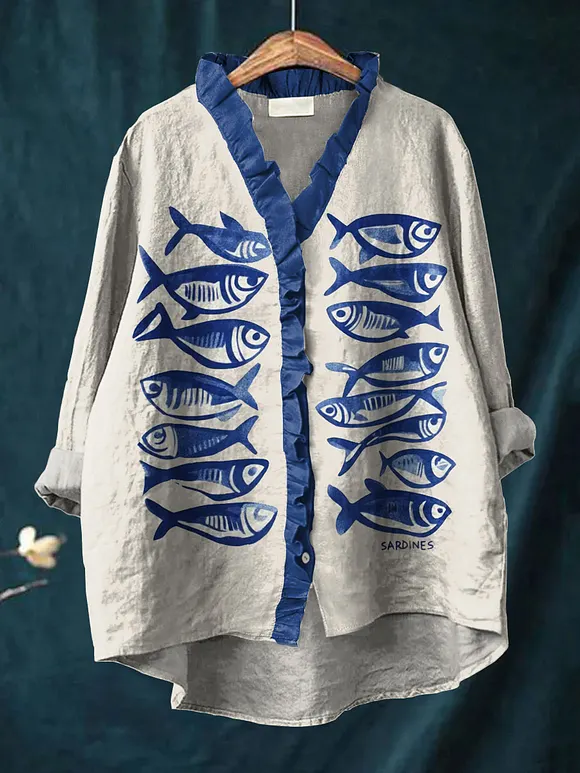Women's Simple Hand Drawn Fish Art Print Casual Cotton And Linen Ruffle Shirt
