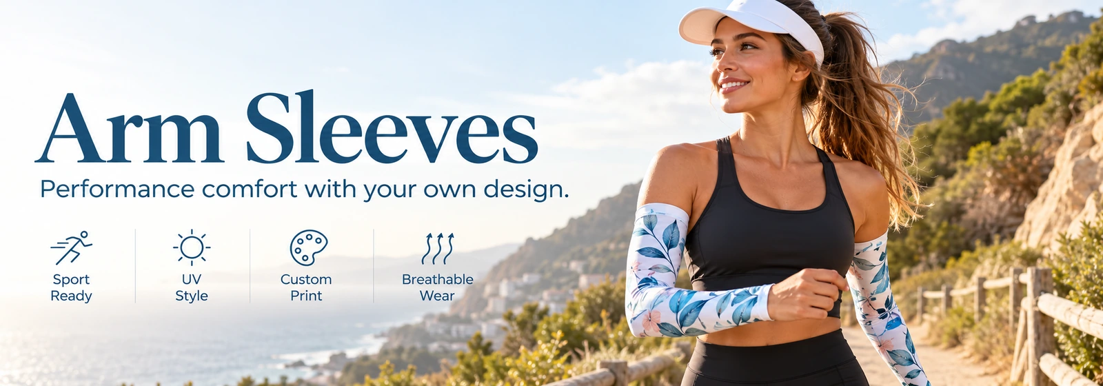 Custom arm sleeves lifestyle banner with floral printed sports sleeves worn outdoors