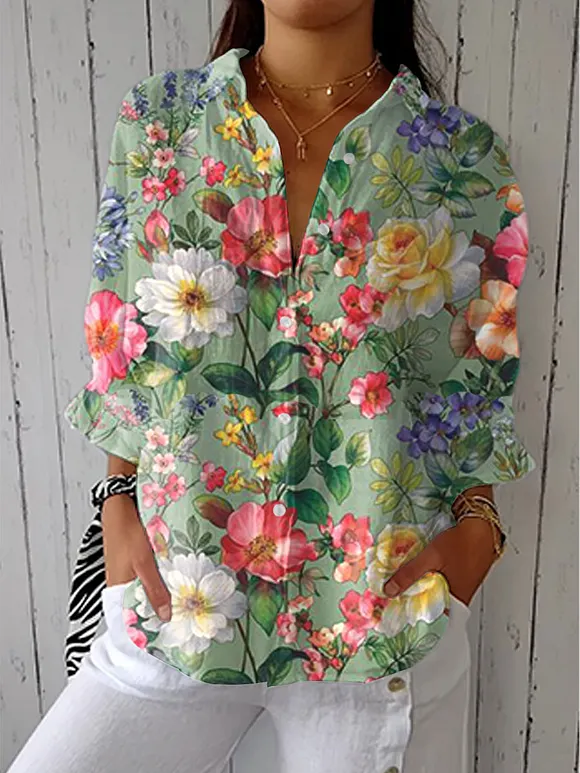 Women's  Vintage Flowers Art Print Casual Linen V-neck Shirt