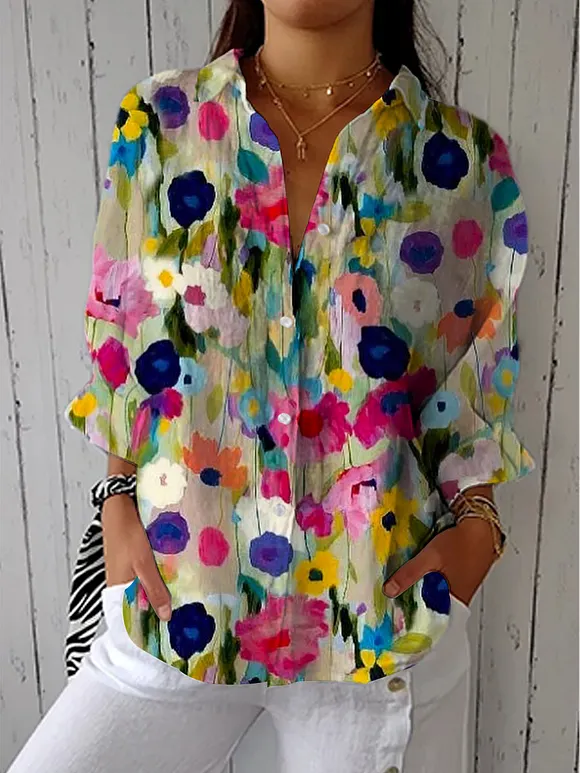 Women's Vintage Floral Art Print Casual Cotton Linen V-neck Shirt