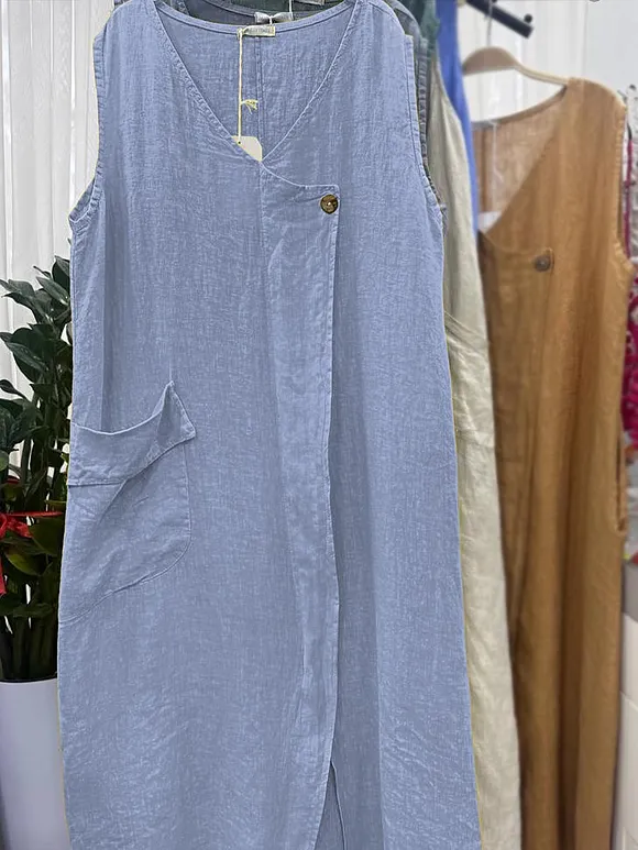 Women's Solid V-neck Sleeveless Vest Casual Linen Dress