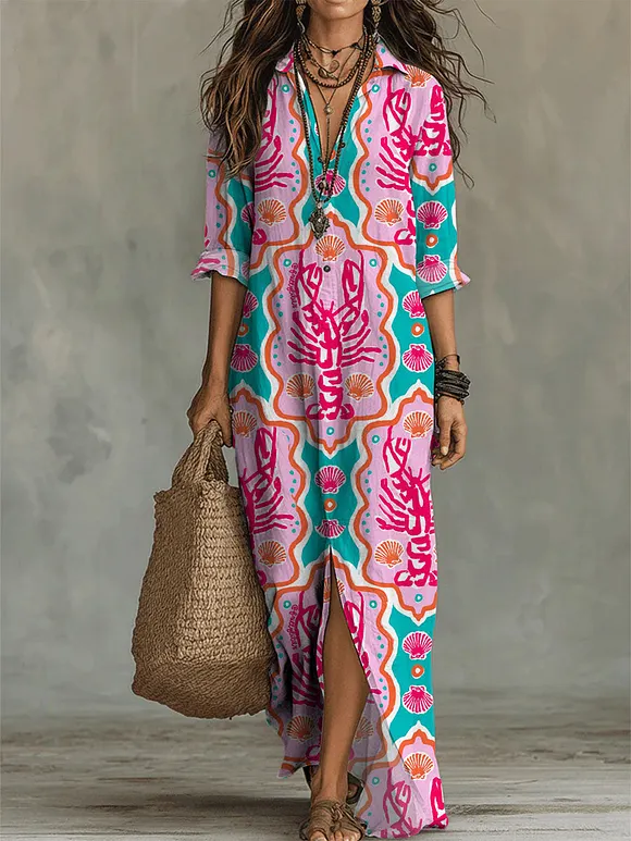 Women's Lobster Art Printed Casual Long Dress