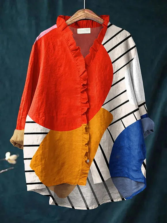 Women's Vintage Abstract Geometric Line Color Block Art Print Casual Cotton And Linen Ruffle Shirt