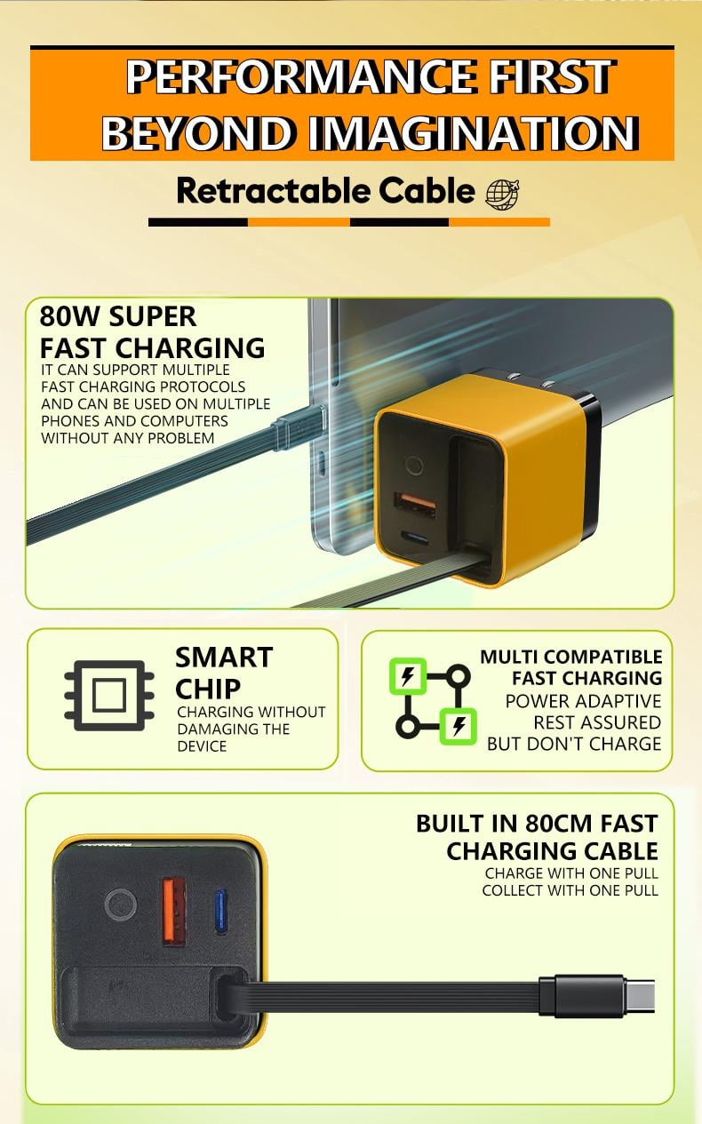 Product Introduction of TOBRBE 3 in 1 GaN Charger, Retractable 80W MAX Fast Charger Block with Type-C Cable & 2 USB Ports, Portable Adapter iPhone Smartphone Electronic, Yellow, Cellphone, Folding Charging 2 Product Introduction of TOBRBE 3 in 1 GaN Charger, Retractable 80W MAX Fast Charger Block with Type-C Cable & 2 USB Ports, Portable Adapter iPhone Smartphone Electronic, Yellow, Cellphone, Folding Charging 2