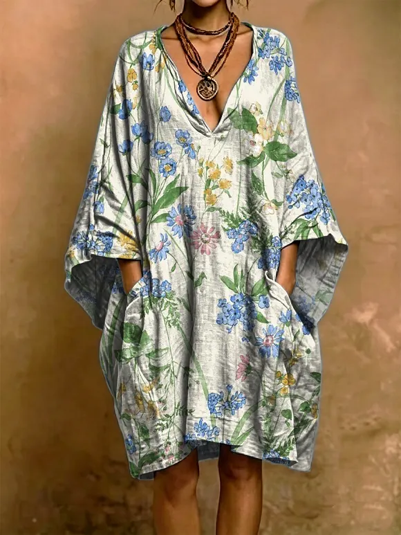 Elegant Floral Decorative Patterns Woman's Short Sleeve Cotton And Linen Dress