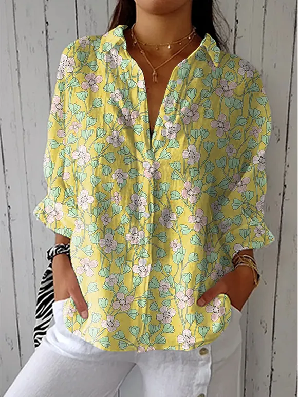 Women's Vintage Floral Art Print Casual Linen V-neck Shirt