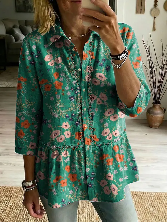 Floral Flowers Art Patterns Casual Patchwork Openwork Webbing Linen And Cotton Shirt