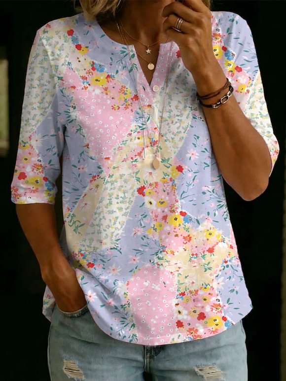Women's Floral Pattern Art Print Casual Cotton Shirt