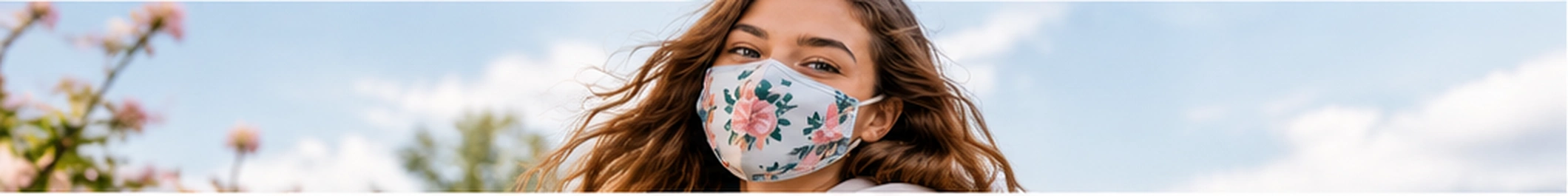 Custom face covers banner featuring a floral personalized face mask in an outdoor lifestyle scene