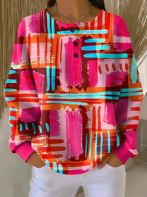 Women's Abstract Pattern Art Print Casual Waffle Sweatshirt