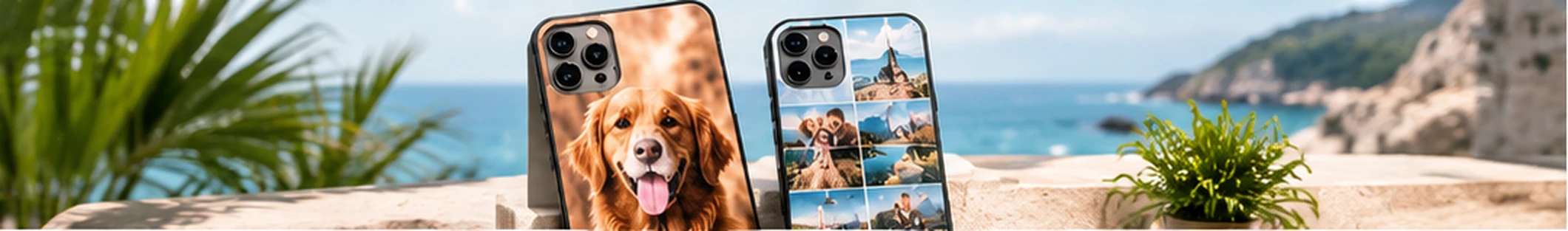 Custom phone cases banner featuring personalized pet and travel photo case designs