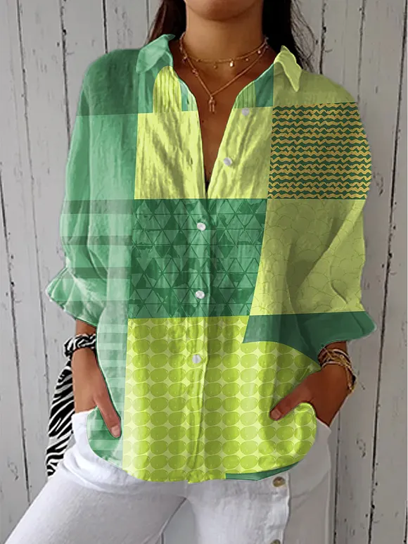 Women's Retro Abstract Geometric Grapes Art Print Casual Linen V-neck Shirt
