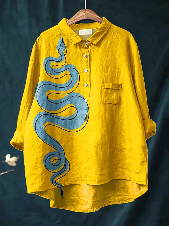 Women's Vintage Snake Art Print Casual Cotton And Linen Shirt