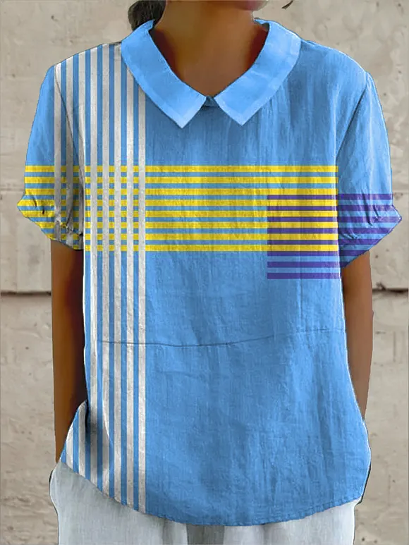 Women's Colorful Abstract Stripes Art Print Casual Cotton And Linen Shirt