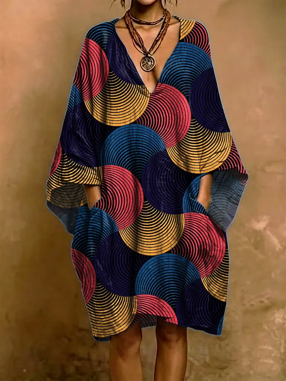 Colorful Geometric Decorative Patterns Woman's Short Sleeve Cotton And Linen Dress
