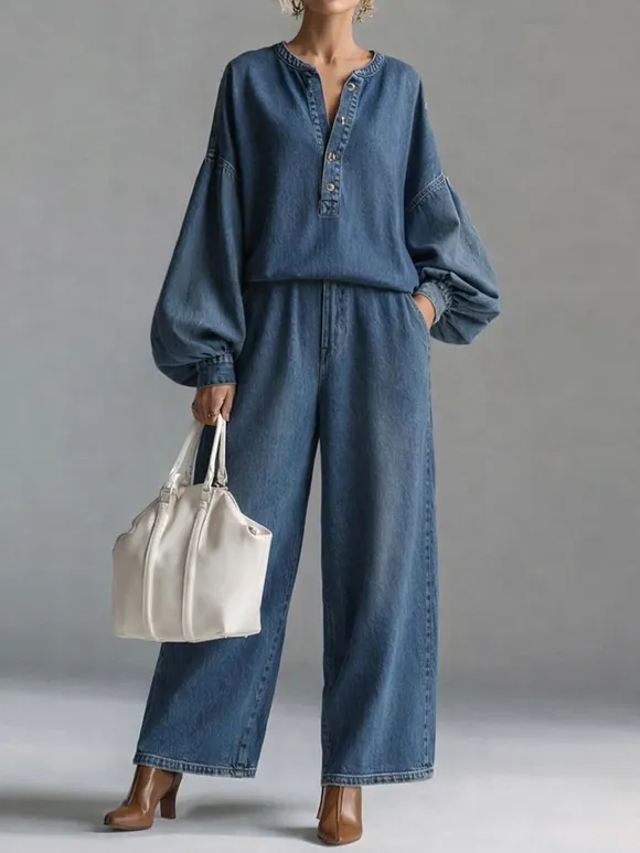 Women's V-neck Long-sleeved Casual Loose Denim Top And High-waisted Loose Wide-leg Denim Pants Set.