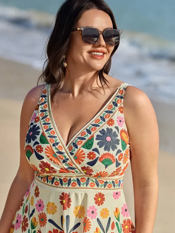 Floral Surplice Neckline Pockets Swim Dress