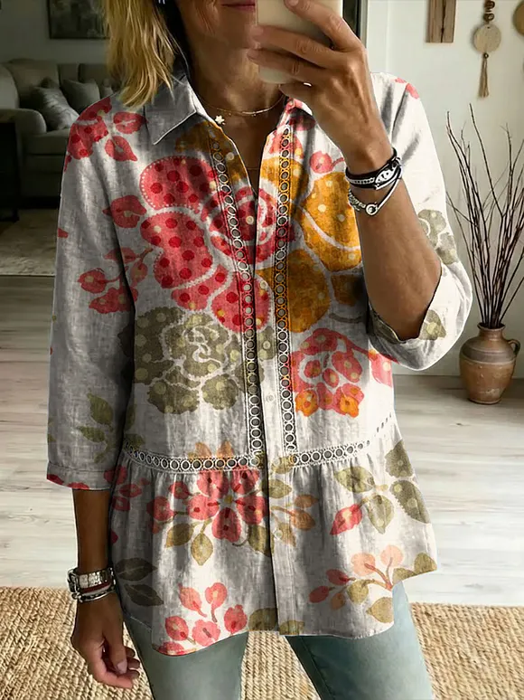 Floral Flowers Art Patterns Casual Patchwork Openwork Webbing Linen And Cotton Shirt