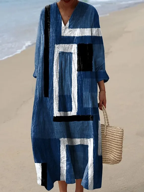 Women's Cowboy Blue Square Geometry Art Watercolor Fluid Print Flowy Dress