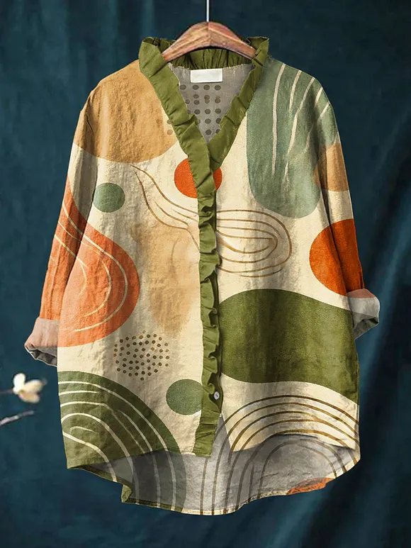 Women's Abstract Color Block Art Print Casual Cotton And Linen Ruffle Shirt