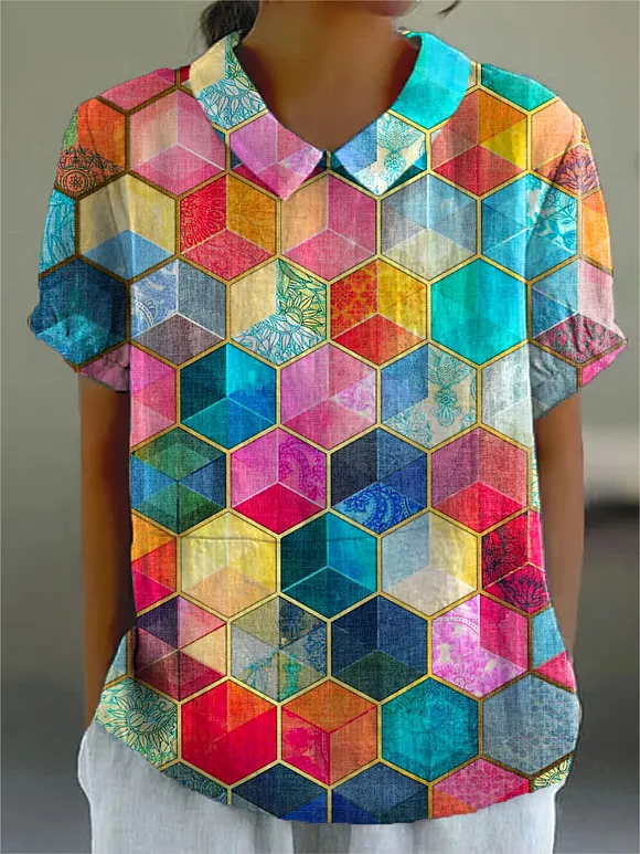 Women's Abstract Geometric Pattern Art Print Casual Cotton And Linen Shirt