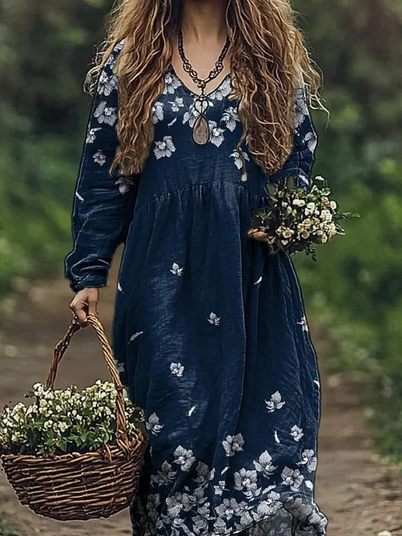 Vintage Meadow Floral Pattern Printed Women's Cotton Pocket Dress