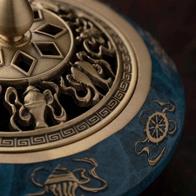 NingNatural Auspicious Symbol Tripod Censer - Brass Openwork Lid & Gold Relief 6