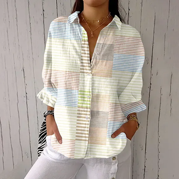 Women's Vintage Abstract Geometric Lines Art Print Casual Linen V-neck Shirt