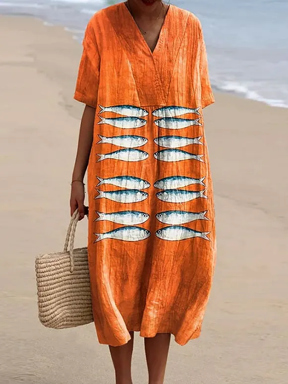 Women's Vintage Fish Art Print Casual Cotton Linen Dress