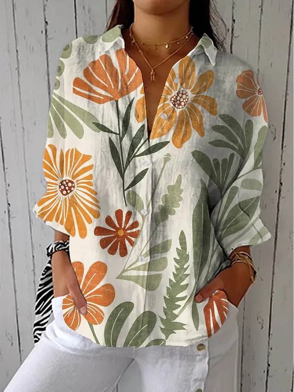 Women's Vintage Floral Art Print Casual Cotton Linen V-neck Shirt
