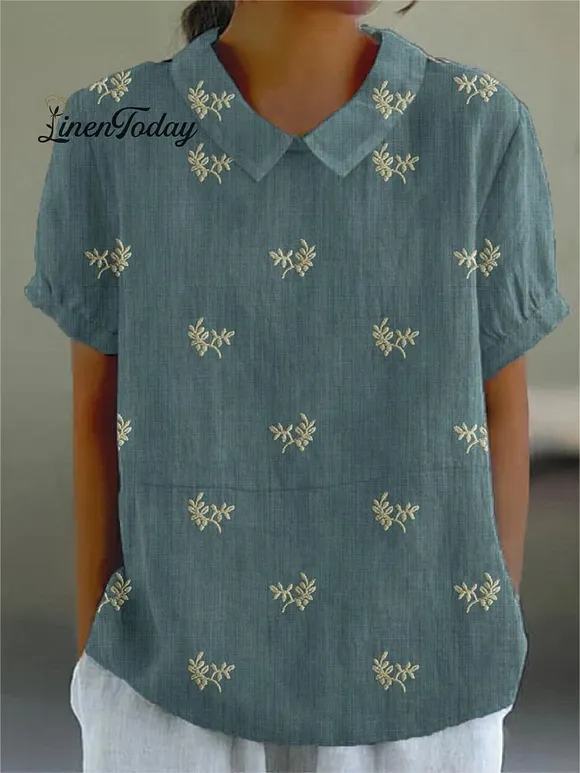 Women's Flowers And Leaves Casual Cotton And Linen Shirt
