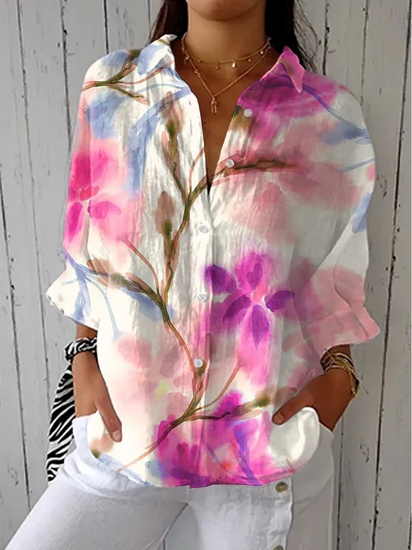 Women's  Fresh Flowers Art Print Casual Linen V-neck Shirt