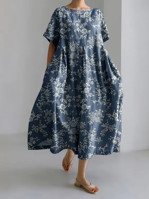 Vintage Flower Print Short Sleeves Loose Midi Dress